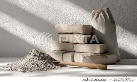 Stacked bricks and cement mix on a surface with contrasting light 122790793