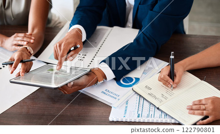 Teamwork, finance and collaboration by team hands planning and writing financial budget, data, and reading graph together. United employee collaboration chart, accounting and analytics group project 122790801