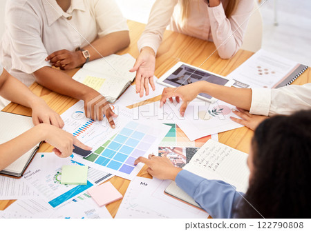 Logo, branding and team of designers in a business meeting collaboration planning and designing a creative advertising strategy. Graphic, agency and people in conversation on marketing color palette 122790808