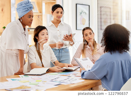 Leadership, collaboration and teamwork with business woman in discussion with leader, planning creative strategy. Corporate employee sharing goal and vision on group project, inspired team motivation 122790837