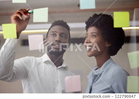 Black people, writing and thinking of idea on post it wall for brainstorming meeting pitch. Innovation, strategy and development of business goal with professional corporate planning team. Black people, writing and thinking of idea on post it wall for brainstorming meeting pitch. Innovation, strategy and development of business goal with professional corporate planning team. 122790847