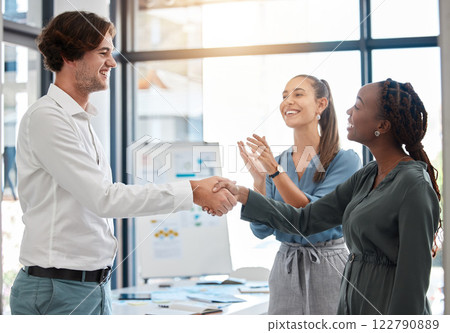 Diversity B2B collaboration and business people handshake for promotion, congratulation on company innovation, or success with applause. Black woman manager shaking hands of man for thank you gesture 122790889