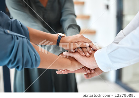 Hands, teamwork and collaboration of employee trust and support at the office or workplace. Diverse group of business people at hand together as a team at work in unity for company goals and success 122790893