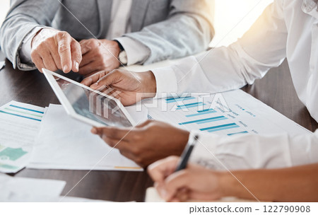 Team in marketing, analyse tablet and data kpi while planning operations. Corporate meeting on advertising growth with charts online. Workers use hands to plan and discuss big data strategy. 122790908