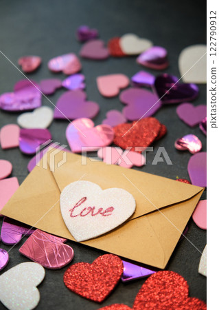 multicolored hearts on dark background and envelope multicolored hearts on dark background and envelope 122790912