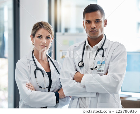 Portrait doctor team, professional healthcare and medical trust of two surgeons, cardiology experts and therapists ready for clinic service. Wellness hospital staff, focus career and medicine workers Portrait doctor team, professional healthcare and medical trust of two surgeons, cardiology experts and therapists ready for clinic service. Wellness hospital staff, focus career and medicine workers 122790930