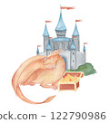 Watercolor illustration of a fantasy dragon in orange and red and pile of treasures wooden antique chest and castle. Medieval illustration isolated. For children's room decor, poster, invitation 122790986