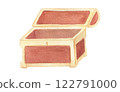 Watercolor illustration of a wooden antique treasure chest. Hand drawn brown and gold chest. Isolated 122791000