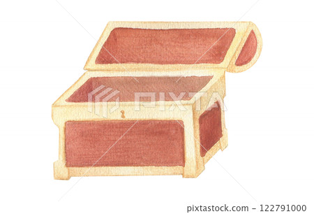 Watercolor illustration of a wooden antique treasure chest. Hand drawn brown and gold chest. Isolated Watercolor illustration of a wooden antique treasure chest. Hand drawn brown and gold chest. Isolated 122791000
