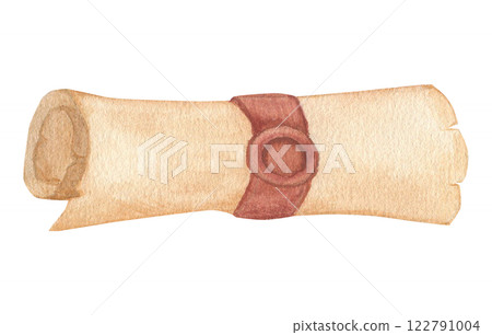 Watercolor illustration of an ancient scroll. Hand drawn sketch of a rolled scroll with red stamp, isolated Watercolor illustration of an ancient scroll. Hand drawn sketch of a rolled scroll with red stamp, isolated 122791004