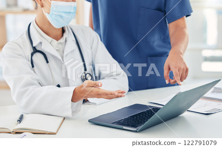 Collaboration, laptop and hands with a doctor and nurse in discussion as a team about healthcare or medical diagnosis. Teamwork, insurance and research with online resource for innovation in medicine 122791079