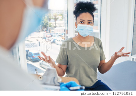 Covid, healthcare and frustrated patient in a hospital with a doctor annoyed at a delay during a medical appointment for consulting and advice. Woman in a mask feeling upset during medical checkup Covid, healthcare and frustrated patient in a hospital with a doctor annoyed at a delay during a medical appointment for consulting and advice. Woman in a mask feeling upset during medical checkup 122791081