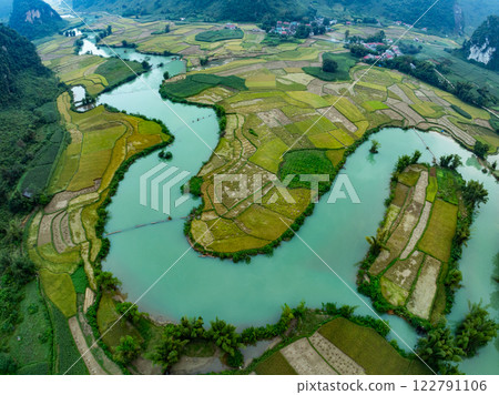 Aerial top view of Green rice field at northern vietnam,Beautiful destination in Northern Vietnam,Travel and landscape concept, Nature and rice fields background Aerial top view of Green rice field at northern vietnam,Beautiful destination in Northern Vietnam,Travel and landscape concept, Nature and rice fields background 122791106