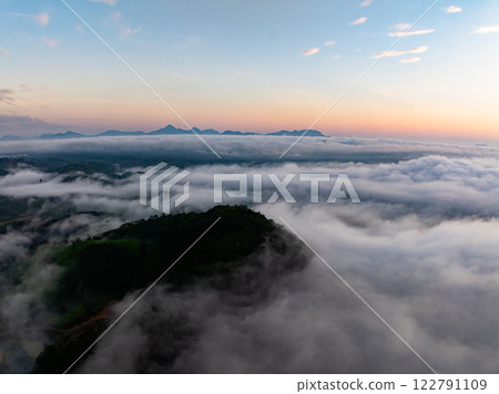 Drone aerial view of landscape mountains view in sunset or sunrise time,High angle view image over countryside at northern Vietnam 122791109