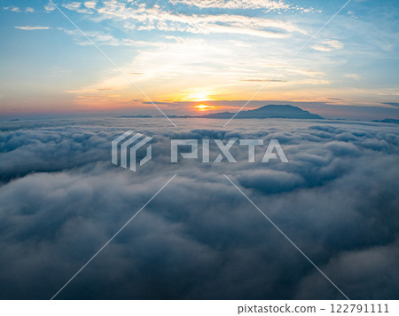 Drone aerial view of landscape fog over mountains in sunrise sky,High angle view over countryside at northern Vietnam,Wide angle view 122791111