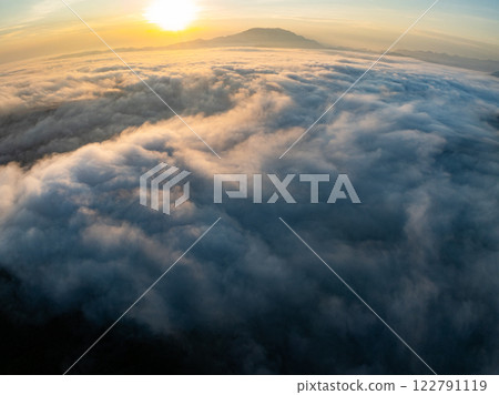 Drone aerial view of landscape fog over mountains in sunrise sky,High angle view over countryside at northern Vietnam,Wide angle view Drone aerial view of landscape fog over mountains in sunrise sky,High angle view over countryside at northern Vietnam,Wide angle view 122791119