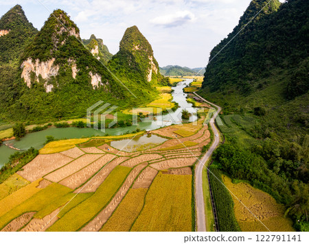 Drone aerial view of landscape mountains view in sunset or sunrise time,High angle view image over countryside at northern Vietnam 122791141