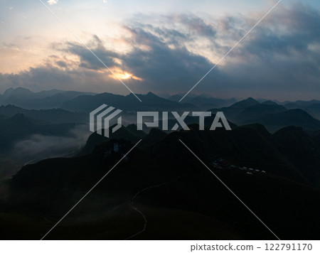 Drone aerial view of landscape mountains view in sunset or sunrise time,High angle view image over countryside at northern Vietnam 122791170