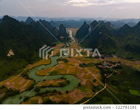 Drone aerial view of landscape mountains view in sunset or sunrise time,High angle view image over countryside at northern Vietnam 122791191