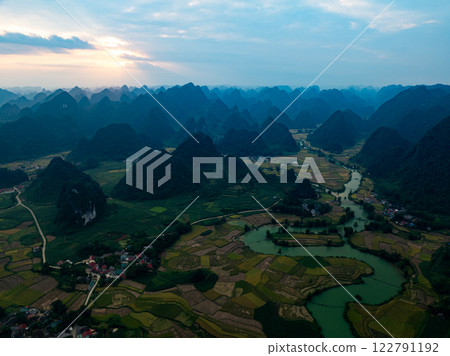 Drone aerial view of landscape mountains view in sunset or sunrise time,High angle view image over countryside at northern Vietnam 122791192