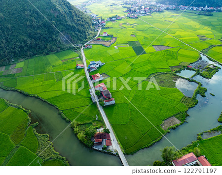 Drone aerial view of landscape mountains view in sunset or sunrise time,High angle view image over countryside at northern Vietnam Drone aerial view of landscape mountains view in sunset or sunrise time,High angle view image over countryside at northern Vietnam 122791197