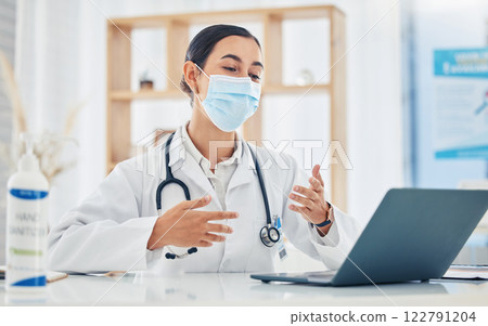 Covid, telehealth and doctor in a mask consulting on a video call in her office at the hospital while remote working. Insurance, medicine and internet appointment for trust, help and medical care Covid, telehealth and doctor in a mask consulting on a video call in her office at the hospital while remote working. Insurance, medicine and internet appointment for trust, help and medical care 122791204
