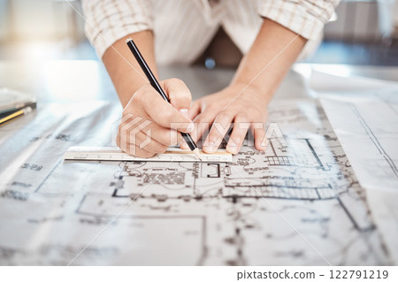 Architect drawing building floor plan, design blueprint map and engineer drafting structure on table paper. Real estate development work office construction and industrial wall safety ruler 122791219