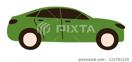 Vector illustration of green car in minimalist and flat cartoon style. Simple side view with rounded shapes and modern look, doodle automobile icon, roid safety, transportation, and travel concept 122791220