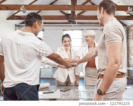 Hands, motivation or teamwork with architect, building engineer or real estate construction worker with success office deal. Diversity, collaboration and men and women with smile over property vision 122791225