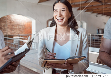 Business woman writing in notebook during meeting, happy about partnership for advertising project and planning company strategy for marketing agency. Happy, smile and corporate employee in teamwork Business woman writing in notebook during meeting, happy about partnership for advertising project and planning company strategy for marketing agency. Happy, smile and corporate employee in teamwork 122791236