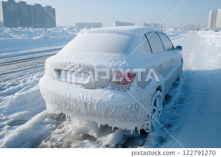 Car covered with ice and snow after hard snowstorm in a winter day 122791270