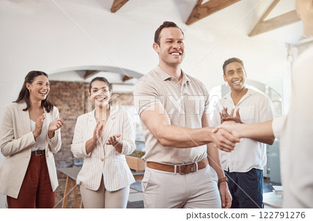 Collaboration business people handshake for partnership agreement, promotion or company innovation, success and teamwork with group applause. Boss man shaking hands for welcome, deal or thank you Collaboration business people handshake for partnership agreement, promotion or company innovation, success and teamwork with group applause. Boss man shaking hands for welcome, deal or thank you 122791276