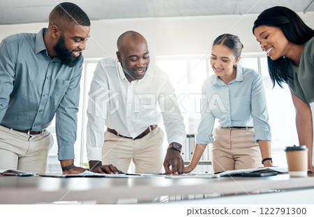 Business people teamwork, paperwork planning and company meeting of diversity collaboration, data research and reports in agency. Smile employees, happy growth strategy and sales budget management 122791300