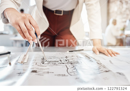 Building blueprint, drawing compass of woman planning planning architect or engineer project. Architecture, engineering and industrial designer and worker working on a design model job in a office Building blueprint, drawing compass of woman planning planning architect or engineer project. Architecture, engineering and industrial designer and worker working on a design model job in a office 122791324