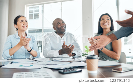 Clapping, workshop and teamwork business meeting with happy marketing men, women and office kpi paper. Diversity, motivation and planning innovation idea in success training or education presentation 122791343
