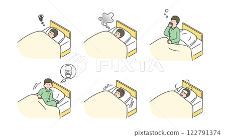 Sleep: Man unable to sleep well in bed, set, variations 122791374