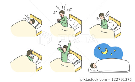Sleep: Man unable to sleep well in bed, set, variations Sleep: Man unable to sleep well in bed, set, variations 122791375