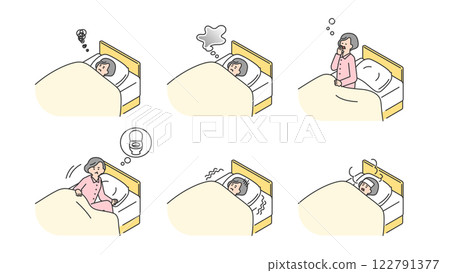 Sleep: Senior woman unable to sleep well in bed, set, variations Sleep: Senior woman unable to sleep well in bed, set, variations 122791377