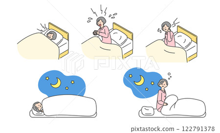 睡眠：老年婦女在床上無法睡好，佈景，變化 122791378