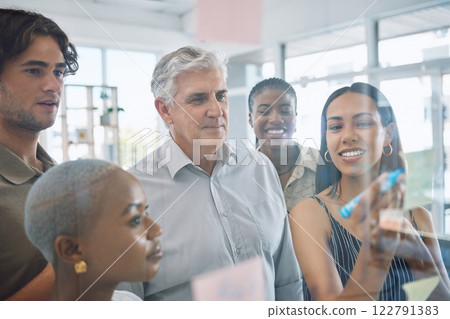 Teamwork solution, planning strategy ideas and employee collaboration in learning, meeting and vision on glass wall in creative agency. Diversity, business people and designers working schedule notes 122791383