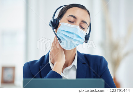 Covid, neck pain and call center customer support consultant tired, stressed and burnout while working at help desk. Headache, woman and contact agent in medical mask for health risk compliance 122791444