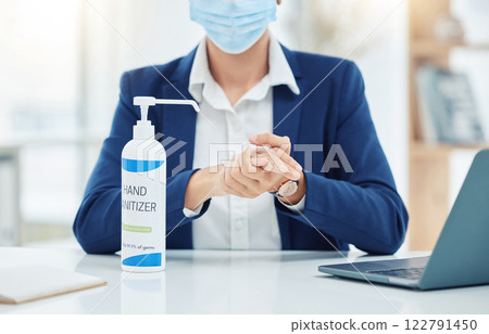 Cleaning, compliance and covid rules at work by business woman sanitize hands while working on laptop. Professional female worker clean hand before going online for design or marketing strategy Cleaning, compliance and covid rules at work by business woman sanitize hands while working on laptop. Professional female worker clean hand before going online for design or marketing strategy 122791450