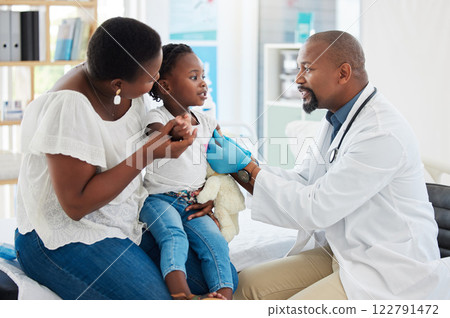 Band aid, covid vaccine and kids with doctor, healthcare employee or medical pediatrician in hospital. Black family, mother or girl for global virus medicine as security, safety or wellness insurance 122791472