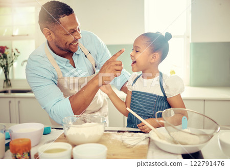 Baking dad, funny daughter and flour nose messy joke from happy learning, laughing child development and bonding in kitchen. Parent, kids and family home with cute, playful and sweet comedy together 122791476