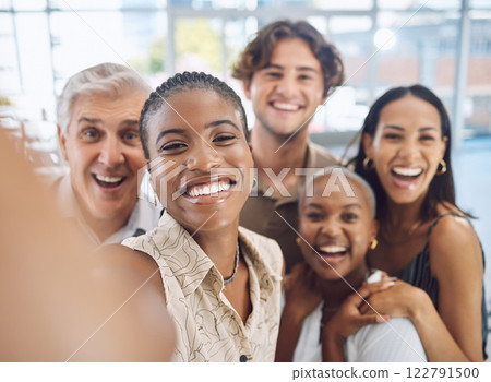 Diversity work selfie with happy team in a office ready for teamwork, collaboration and work. Portrait of diverse business staff and workforce with a smile showing corporate community support Diversity work selfie with happy team in a office ready for teamwork, collaboration and work. Portrait of diverse business staff and workforce with a smile showing corporate community support 122791500