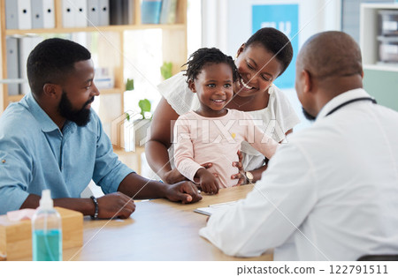 Black family, girl and consulting doctor in hospital, healthcare and medical room with mother, father and kids. Smile, happy and trust with pediatrician employee, worker and children medicine support 122791511