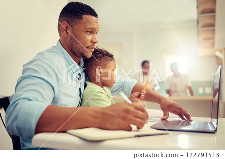 Father, busy and typing on laptop and working while son plays at home. Serious parent trying to work on technology and child watches. Man freelancer bonding with adorable little playful curious boy 122791513