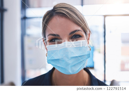 Covid, face and mask with a woman taking safety precaution for health and wellness inside during the corona virus pandemic. Restrictions, regulations and social distancing with a young female 122791514