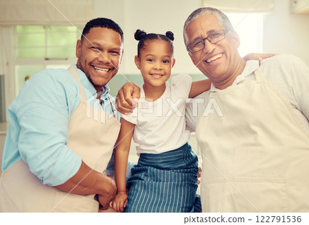Portrait of happy family after cooking or baking in a kitchen together in a house. Father, grandpa and girl bonding with a smile, happiness and love during sweet and loving moments in kitchen Portrait of happy family after cooking or baking in a kitchen together in a house. Father, grandpa and girl bonding with a smile, happiness and love during sweet and loving moments in kitchen 122791536