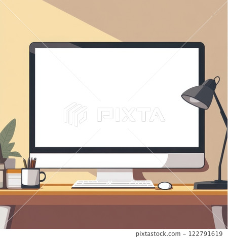 workspace with computer with blank screen workspace with computer with blank screen 122791619